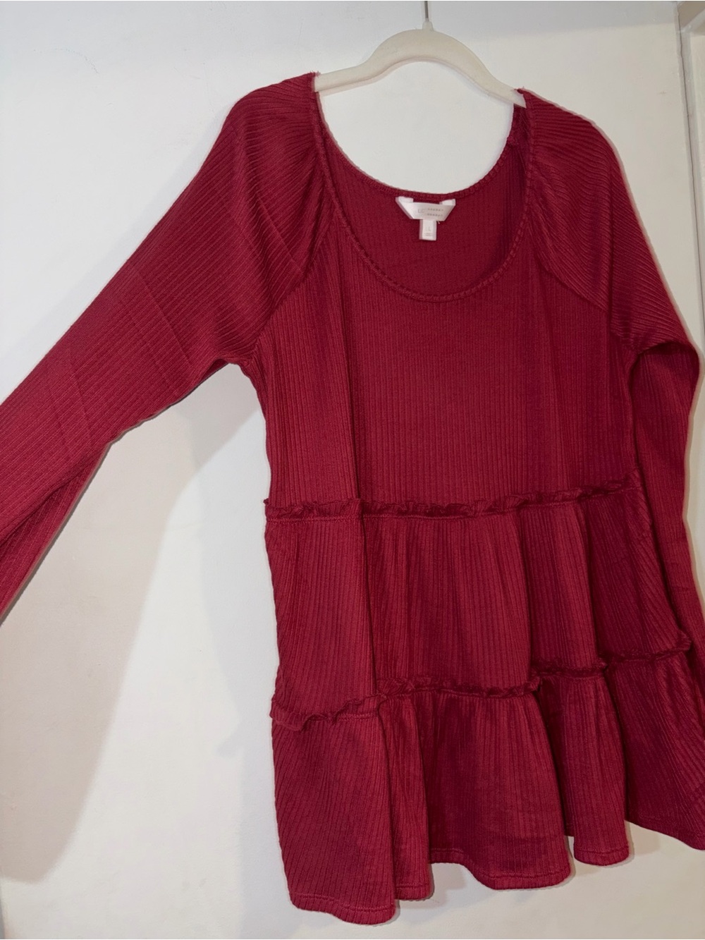 LC Lauren Conrad Deep Red Tiered Ribbed Long-Sleeve Blouse - Picture 2 of 3
